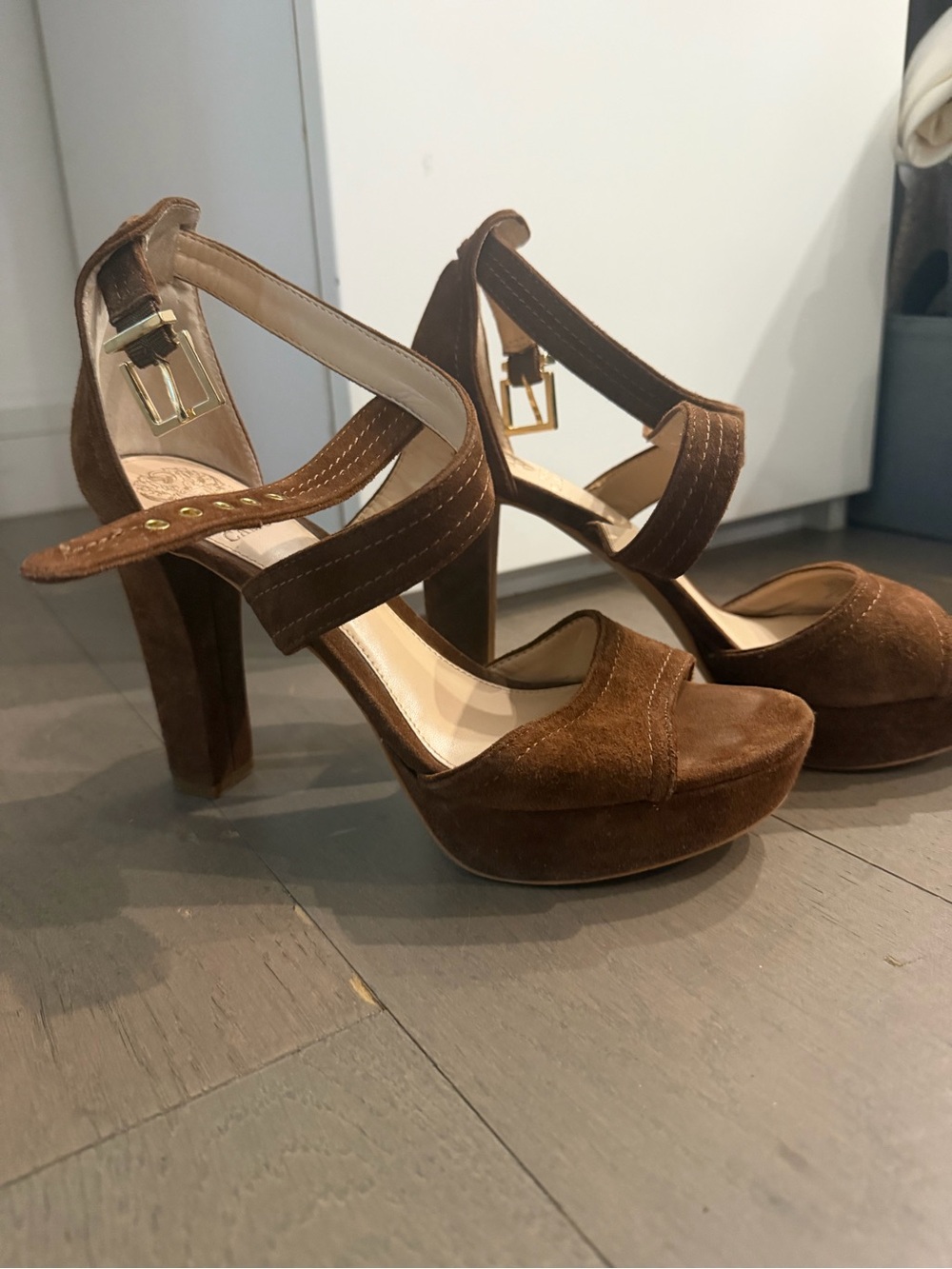 Vince Camuto Tan Suede Platform Block Heel Sandals